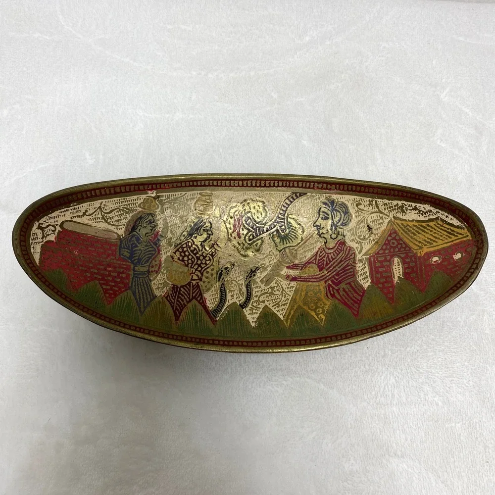 Vintage Decorative Brass Tray Hand Painted‎ Figurines Snake Scene